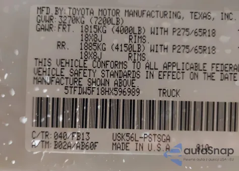 2017 Toyota Tundra Sr5 5.7L V8 z USA, uszkodzony, nr VIN 5TFDW5F18HX596989